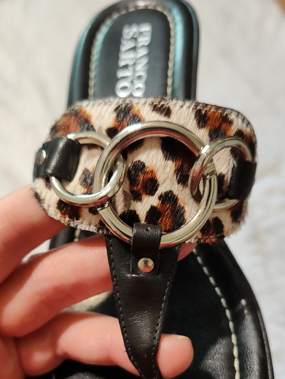 Franco Sarto Leather Wedge Sandals Calf Hair Leopard Black Cream Brown Brazil 8 - Picture 3 of 12
